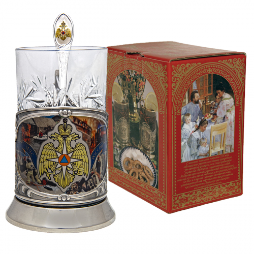 Набор для чая "МЧС" (3 пр.) цветой, карт.коробка, хруст.стакан, латунь никелированная, термоперенос, ложка-нерж.,термоперенос.